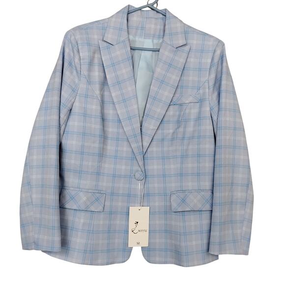 Suit Set Jacket and Pants Size Medium Light Blue Plaid One Button Closure Lined - Picture 3 of 12